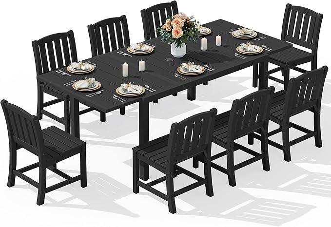 SERWALL 9-Piece Outdoor Dining Set, 60" - 83" Expandable Outdoor Dining Table and 8 HDPE Chairs, All Weather HDPE Outdoor Furniture Set for Backyard, Garden, Black
