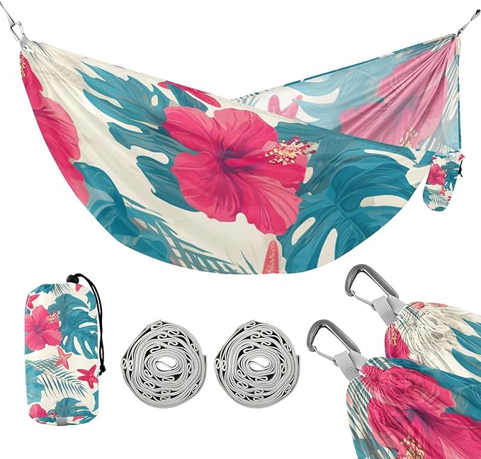 Leaves Red Hibiscus Flowers Starfish Hawaiian Style Hammocks with Hanging Rope Backyard Hammock for Patio Backyard Lounge Base