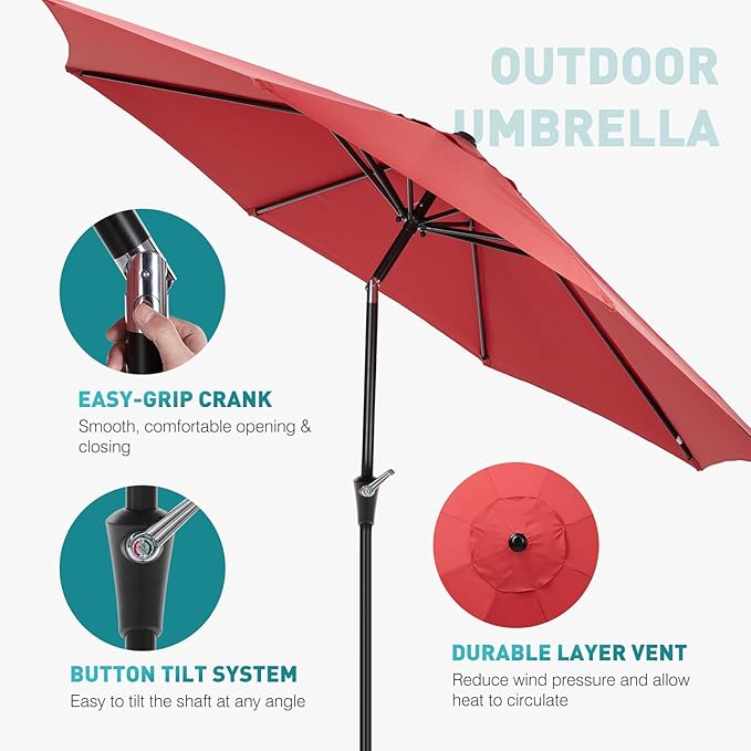 OLIXIS 9FT Patio Umbrella with Tilt and Crank Button & Sturdy Ribs Waterproof, 9Feet Patio Table Umbrella Perfect for Poolside, Terrace, Beach and Outdoor Restaurant