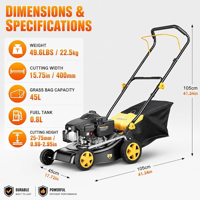 16 Inch Gas Lawn Mower 132CC 4-Stroke Push Lawn Mower with 8-Position Height Adjustment, 45L Grass Bag, 15.75 Inch Cutting Width, Walk Behind Grass Cutter for Yard Garden Orchard Lawn Care