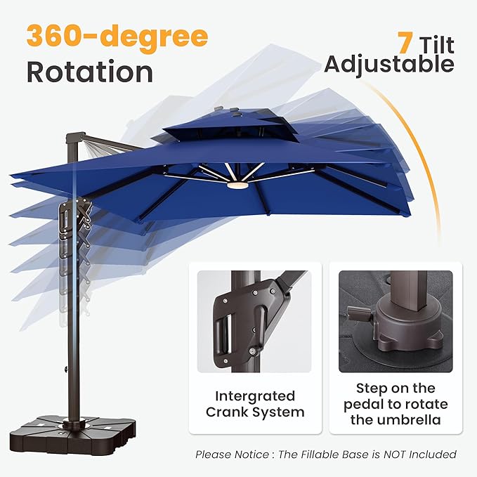 9x12 FT Cantilever Patio Umbrella with Base and Led Lights Double Top Outdoor Rectangular Large Heavy Duty Aluminum Offset Umbrellas with 7 Level Tilt 360-degree Rotation for Pool Garden Deck, Navy