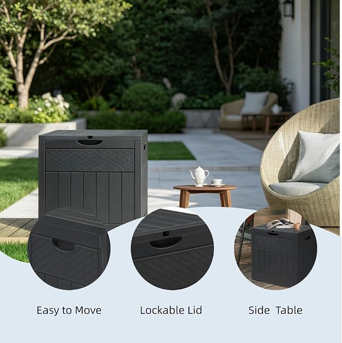 33 Gallon Small Deck Box Outdoor Storage Cube, Rattan Plastic Resin Garden Storage Box Chest, Patio Side Table for Cushions, Charcoal & Garden Tools, Gray