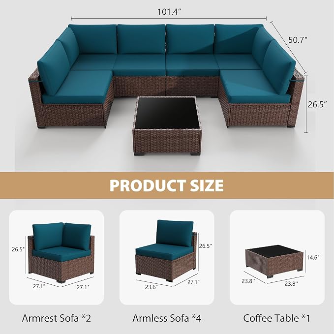 KIGOTY Patio Furniture Set,7 Pieces Modular Outdoor Sectional Sofa, PE Rattan Patio Conversation Set, All Weather Wicker Patio Furniture with Cushions and Coffee Table（Brown/Peacock Blue）