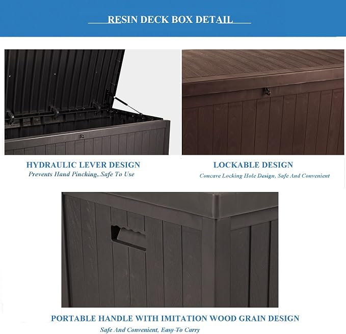 Outdoor Storage Deck Box, 100 Gallon Resin Patio Bin & Bench, Waterproof and Sunproof Patio Storage Box, Wood Grain, Brown