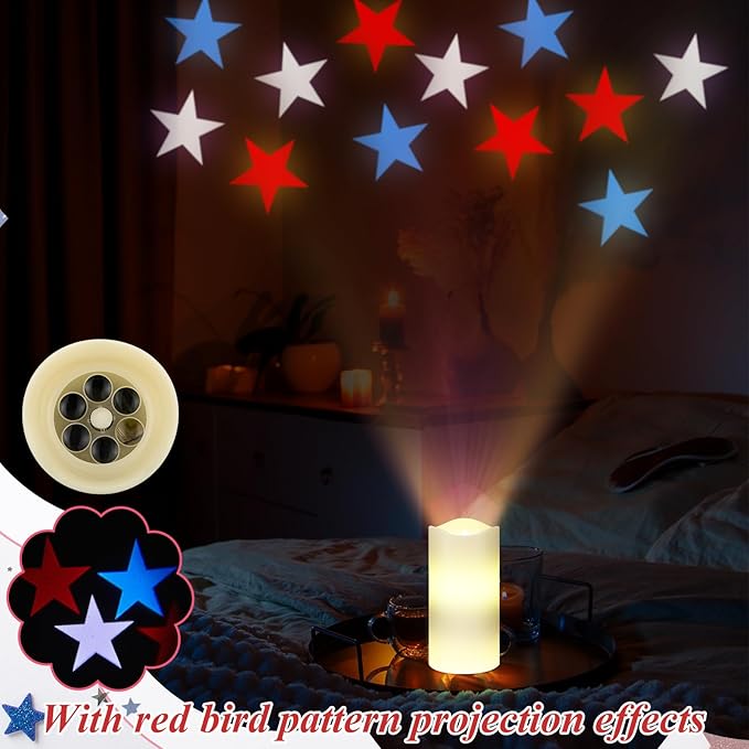 4th of July Flameless Candles Patriotic Projector Lights Red White Blue LED Candle Star Battery Operated Night Light with Remote Timer 250th Anniversary Independence Day Party Indoor Bedroom Decor
