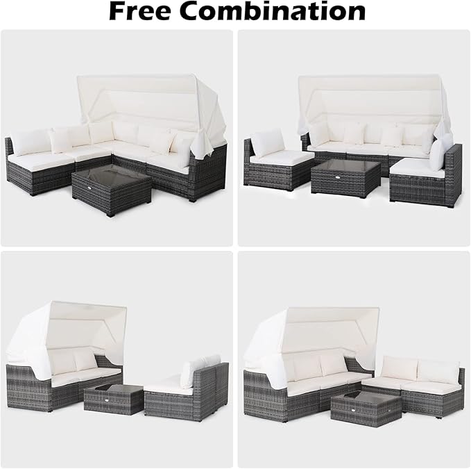 Tangkula 6-Piece Patio Furniture Set w/Retractable Canopy, Outdoor Conversation Set w/3-Seat Daybed Sofa, Soft Cushions and Tempered Glass Coffee Table, All-Weather PE Rattan Sectional Sofa Set