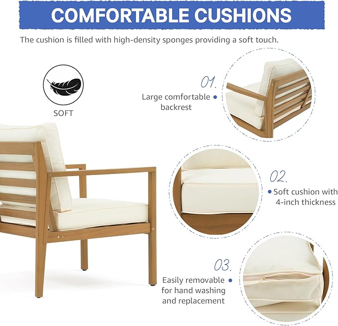 SUNSITT 4 Piece Acacia Wood Patio Furniture Set, Outdoor Conversation Sofa Set with Coffee Table & Cushions for Garden, Backyard, Cream White