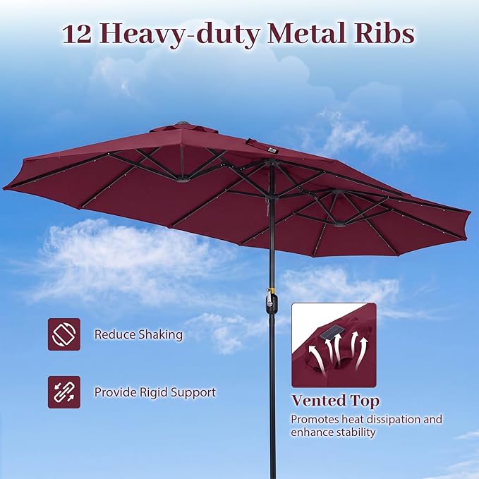 Tangkula 13 Ft Solar Patio Umbrella, Double-Sided Extra Large Outdoor Market Table Umbrella with 36 LED Lights, Crank Handle, 12 Sturdy Ribs for Poolside, Garden & Backyard (Burgundy)