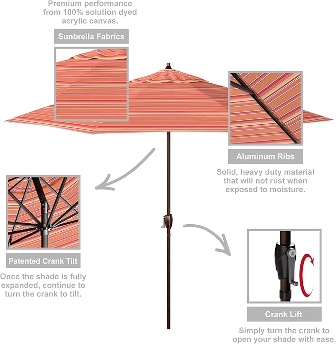 California Umbrella 12-Year Protection 9-Ft Outdoor Patio Umbrella, Sunbrella Fade-Resistant Acrylic Fabric, Auto Tilt and Crank, Heavy-Duty Aluminum Frame/Reinforced Ribs, Bronze Pole, Dolve Mango