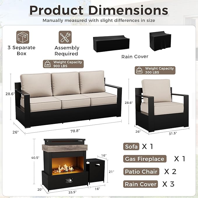Outdoor Patio Furniture Set, 4-Piece Aluminum Patio Conversation Set All-Weather Metal Outdoor Sectional with 6 Inch Thick Cushions, Deep Setting and Fireplace for Garden, Outside and Porch, Beige