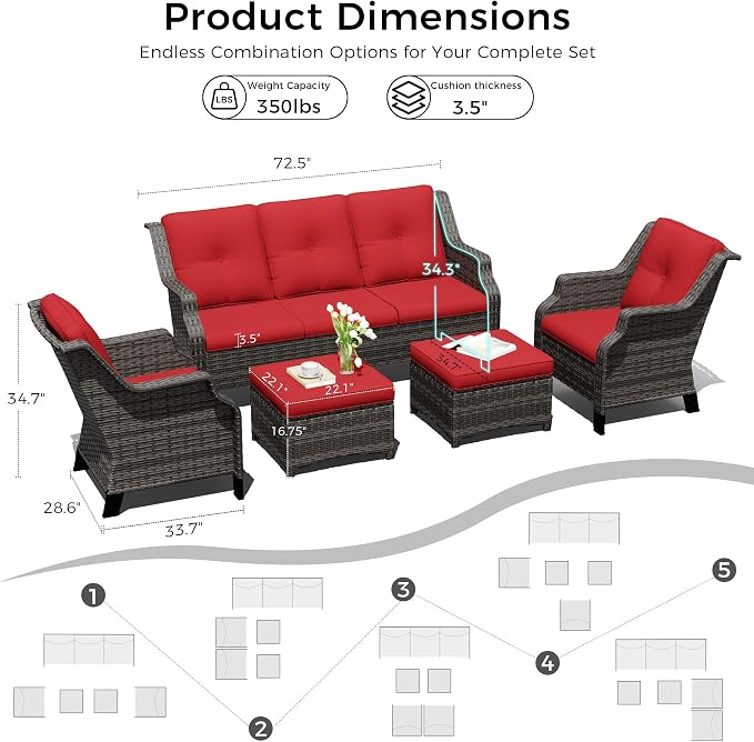 Outdoor Patio Furniture Set, 5 Piece Wicker Patio Furniture with Thick Cushions, Curved Armrest, Deep Seating, Rattan Outdoor Chairs for Porch, Deck, Balcony