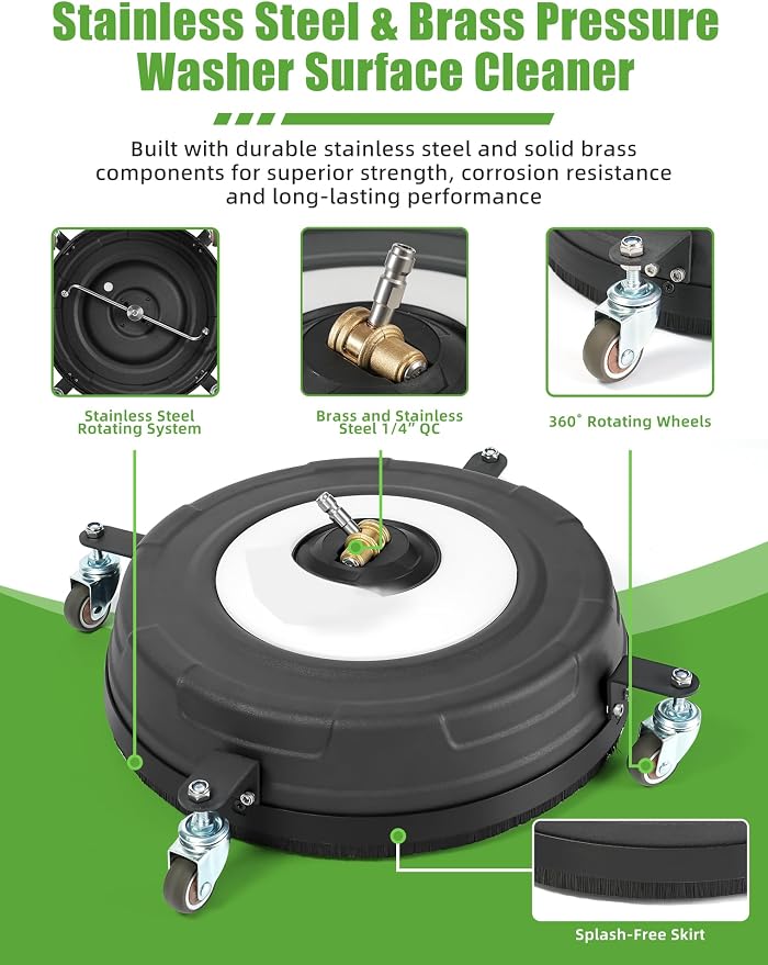 15" Pressure Washer Surface Cleaner, 304 Stainless Steel Rotary System, Anti-Rust Coating, 4 Wheels, 2 Extension Wands, Max 5000 PSI for Concrete, Patio, Sidewalk & Driveway - 2 Nozzles
