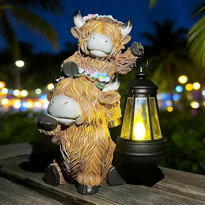 Solar Garden Outdoor Statues Lantern Figurines Light Decorations for Outdoor Patio Balcony Yard Lawn, Ideal Gifts for Mom Friends (Brown - Cow)