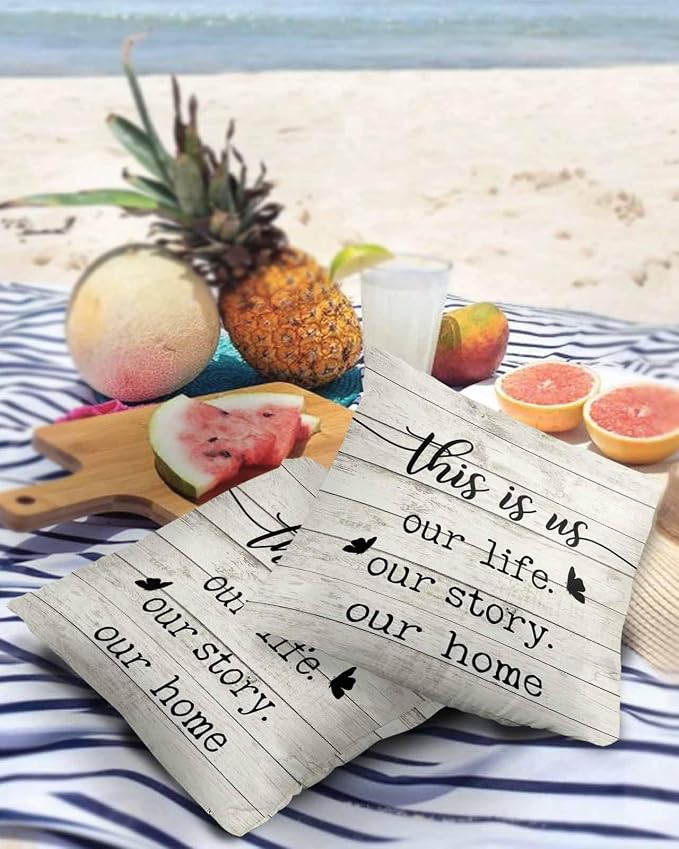 Outdoor Waterproof Pillow Covers for Patio Furniture Farmhouse Style Decorative Throw Pillow Cover Funny Quote Wood Grain Pillowcases Set of 2 Cushion Case for Sofa Couch Chair Home Decor 24x24 inch