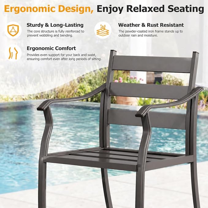 EROMMY 5-Piece Round Outdoor Patio Dining Set, 4 Metal Slat Chairs & Round Table with Umbrella Hole, All-Weather Outdoor Furniture for Backyard, Garden and Poolside