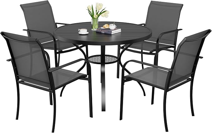 5-Piece Patio Dining Set,4 Person Outdoor Table and Chairs Set, 4 Metal Dining Chairs and Round Outdoor Table with 1.57" Umbrella Hole,Grey