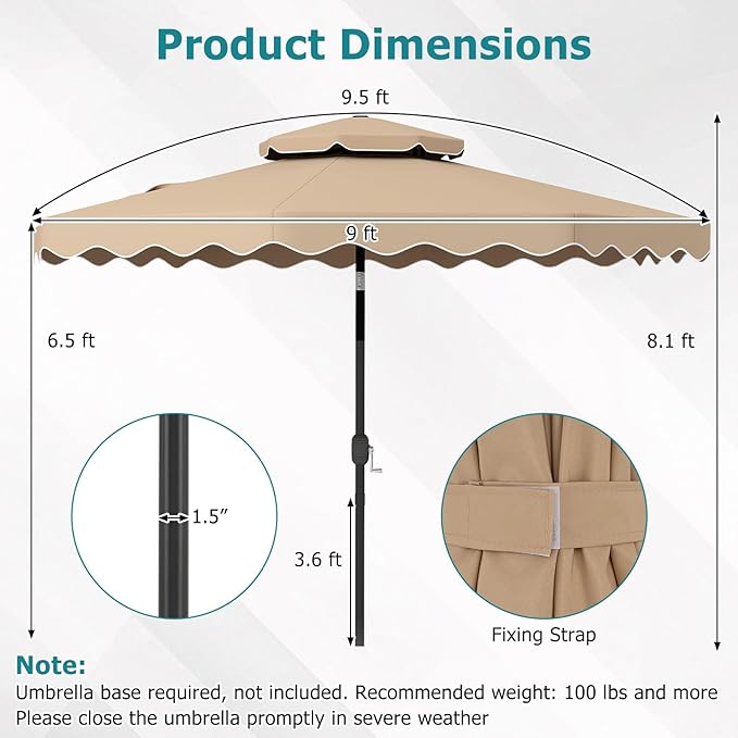 Happygrill 9 FT Patio Umbrella, Scalloped Outdoor Table Market Umbrella with Push Button Tilt & Crank, 2-Tier Vented Top, Heavy-Duty 8 Metal Ribs, Sun-Protective Canopy, Ruffle for Deck Pool Garden (Brown)