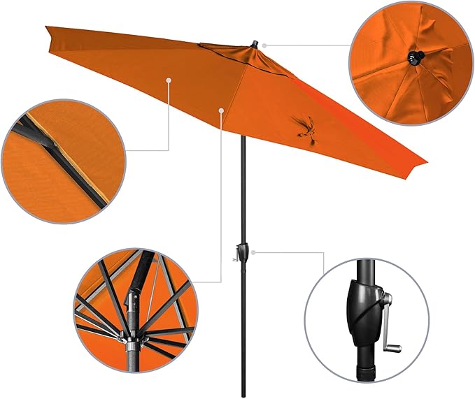 California Umbrella 12-Year Protection 9' Rd Aluminum Patio Umbrella, Crank Lift, Auto Tilt, Black Finish, Sunbrella Tuscan
