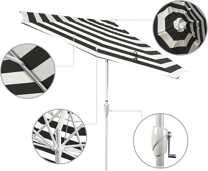 California Umbrella 12-Year Protection 9' Rd Aluminum Patio Umbrella, Crank Lift, Auto Tilt, White Finish, Sunbrella Cabana Classic