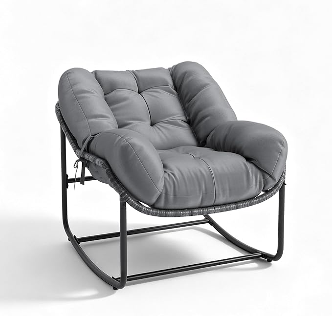 GarveeLife Outdoor Lounge Rocking Chair, Iron Frame Patio Rocker Chair with Cushion, Gray Relaxing Outdoor Chair for Patio and Backyard