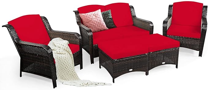 Tangkula 5 Pieces Patio Furniture Set, Outdoor Rattan Conversation Sofa Set with Loveseat, Single Sofas and Ottoman, Sectional Sofa Set with Removable Cushions for Porch, Backyard, Balcony, Lawn