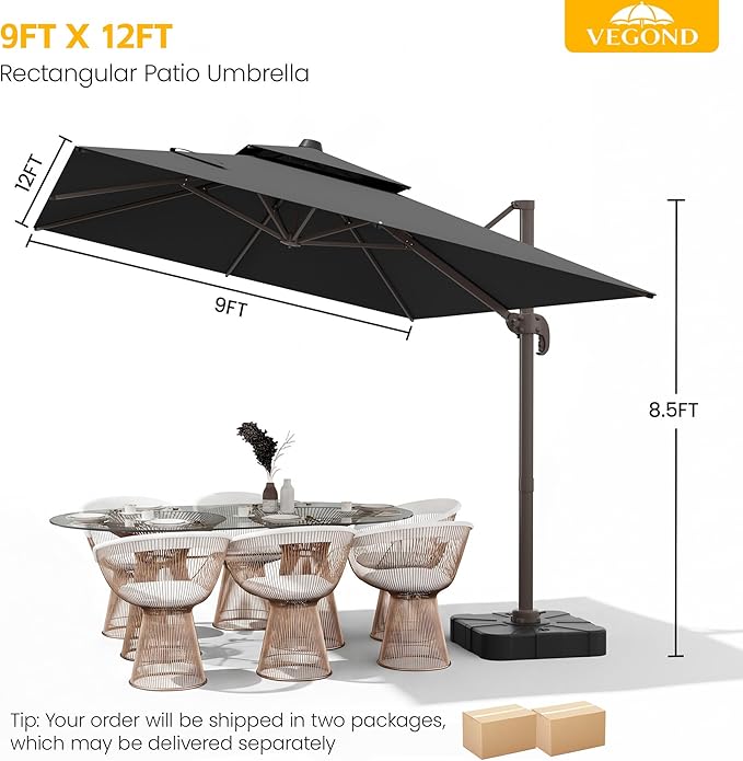 VEGOND 9x12 FT Patio Cantilever Umbrella with Base, Rectangular Heavy Duty Offset Umbrella for 6-8 People, 360°Rotation & Mult Tilt, Double Top Design, for Pool Garden Deck (Grey)