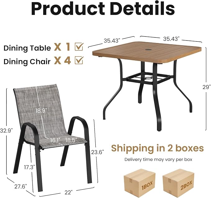 Soohow Outdoor Dining Set for 4, Outdoor Patio Dining Set 4 x Stackable Chairs & 1 x Wood-Like Outdoor Table with Umbrella Hole, All-Weather Patio Table and Chairs for Poolside, Backyard and Porch