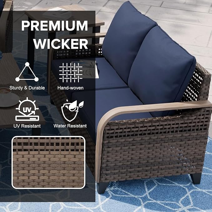 COOS BAY Modern Wicker Outdoor Furniture Set, 5 Piece Patio Conversation Set with 2 Patio Chairs, a Loveseat, Coffee Table and Side Table, 5 Piece, Brown/Blue