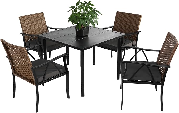 GDFStudio 5-Piece Outdoor Wicker Dining Set, Patio Table and Chairs for 4 with Square Steel Tabletop & Umbrella Hole, Cushioned Rattan Conversation Set for Backyard, Deck, Balcony, Porch,Brown & Grey