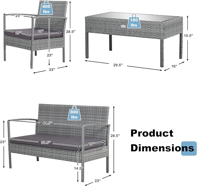 Tangkula 4 Piece Patio Furniture Set, Patiojoy Outdoor Wicker Conversation with Soft Cushion, Glass Tabletop, Solid Steel Frame, Sectional Sofa for Backyard, Poolside, Balcony