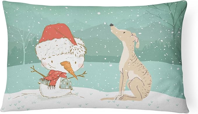 Caroline's Treasures CK2043PW1216 Brindle Greyhound Snowman Christmas Canvas Fabric Decorative Pillow Machine Washable, Indoor Outdoor Decorative Pillow for Couch, Bed or Patio, 12HX16W