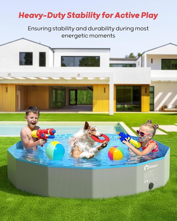 Peteast Foldable Dog Pool with 2 Flying Disks, Durable Hard Plastic Dog Swimming Pools for Large Dogs, Collapsible Pet Pool for Backyard & Indoor, Ideal Kiddie Pools for Dogs and Kids, 87 in