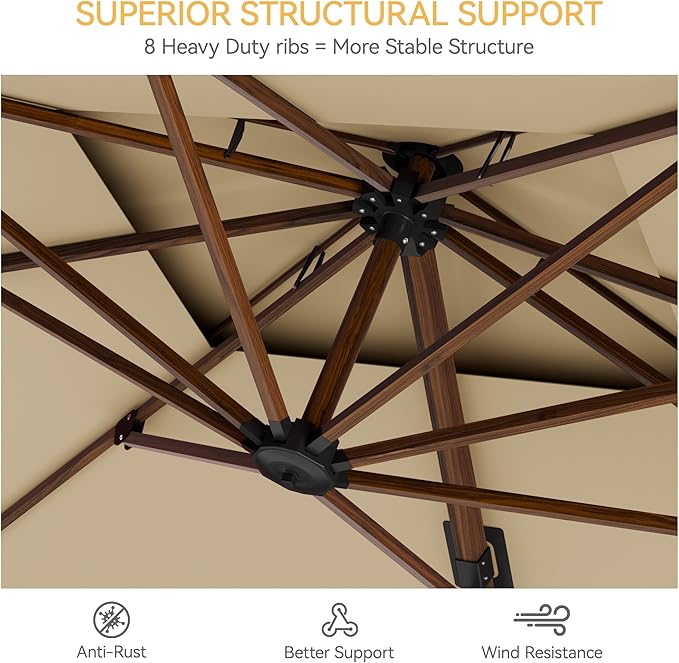 10x13 FT Wood Pattern Patio Umbrella, Large Deluxe Cantilever Rectangular Double Top Heavy Duty Offset Umbrellas with 360° Rotation, Outdoor shade for Garden Deck Pool Patio, Beige