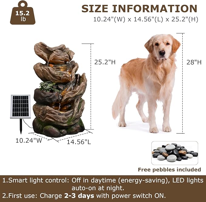 4-Tier Solar Water Fountain Outdoor Cascading Realistic Tree Trunk Waterfall Outdoor Fountains for Garden, Patio, Backyard, Deck, Porch, 25.2" H x 14.56" L x 10.24" W