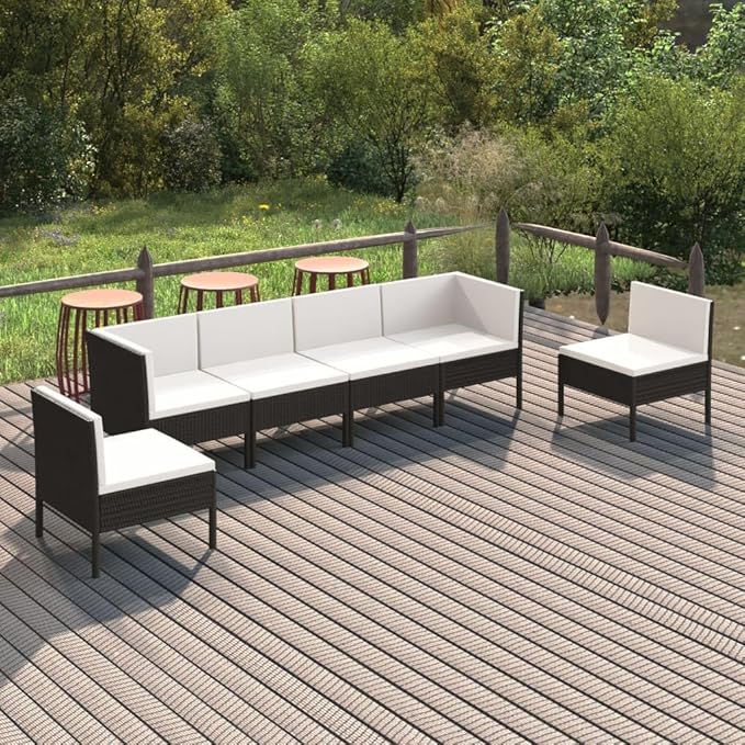 6 Piece Patio Lounge Set with Cushions,Patio Sofa,Outdoor Daybed,Patio Seating,Outdoor Furniture Sets,Patio Conversation Sets,Modern Set,Outdoor Patio Chairs,for Backyard,Garden, Poly Rattan Black
