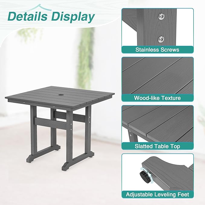 Square Outdoor Dining Tables for 4, HDPS Weather Resistant Patio Dining Table, 35" Outdoor Tables with 1.96" Umbrella Hole for Patio, Balcony, Backyard, Grey