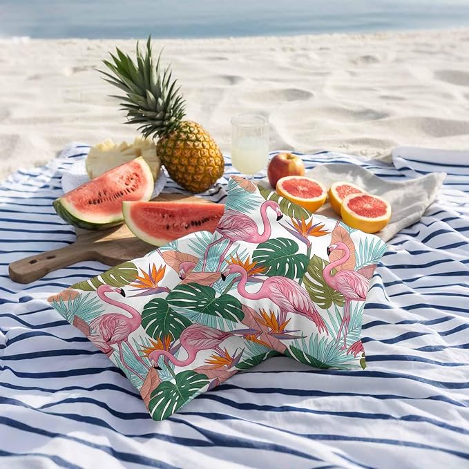 Pink Flamingos Outdoor Pillow Covers 26"x26" Set of 2, Watercolor Monstera Leaf Green Tropical Plant Waterproof Throw Pillow Covers for Patio Furniture, Decorative Cushion Covers for Porch