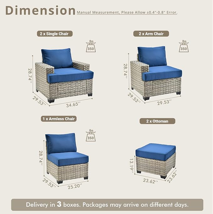 Weaxty 7 Pieces Outdoor Furniture Set, Patio Sectional Sofa Wide Seats Couch Chair with Ottoman, Thick Cushion All-Weather Rattan Patio Conversation Sets for Backyard Porch Balcony, Navy Blue