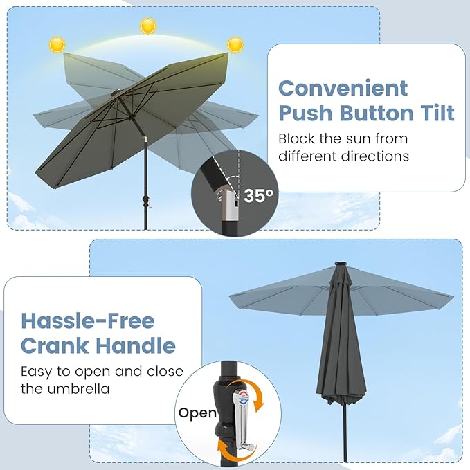 Tangkula 10 FT Solar Patio Umbrella, Outdoor Market Table Umbrella with 96 Multi-Colored Flowing LED Lights, 9 Modes, Tilt Adjustment, Crank Handle, 8 Ribs, Vented Top for Backyard Poolside Deck Lawn