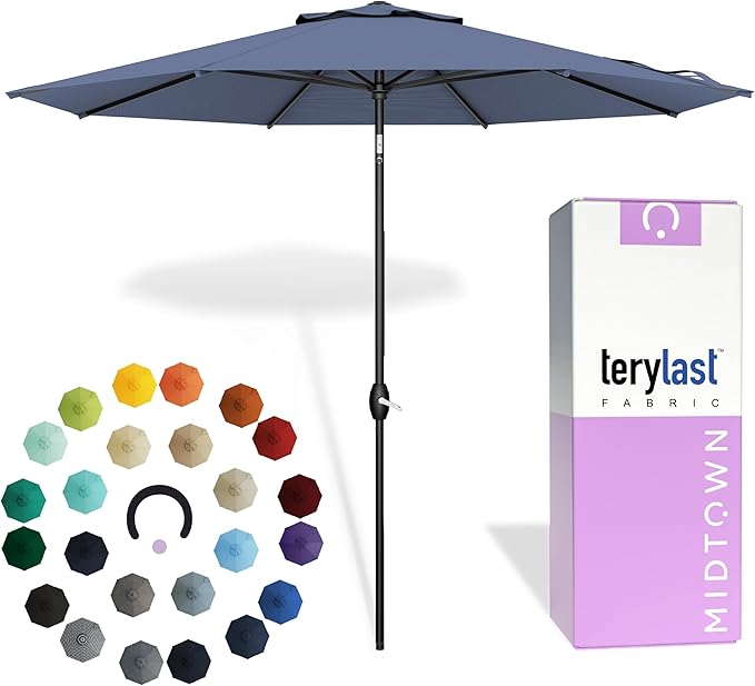 Midtown Umbrellas 10-Year-No-Fade - 8 Ft - UV Proof Light Navy Polyester Fabric - Umbrella Outdoor Patio, Auto-Tilt Aluminum Frame Patio Umbrella for Garden, Pool & Deck - Black Pole