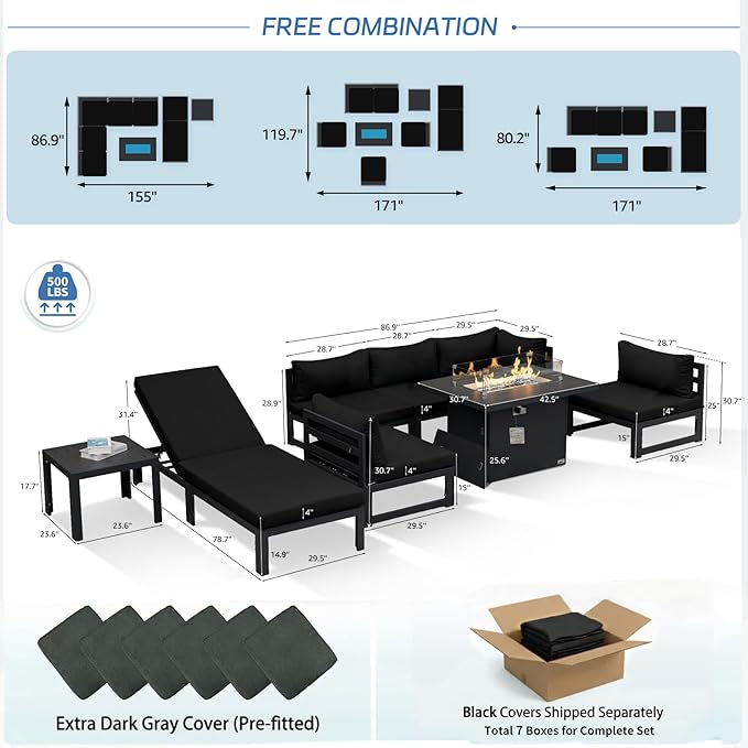 NICESOUL 8 Pcs Extra Large Contemporary Aluminum Outdoor Furniture Set with Lounger & Fire Pit Table, 29" Deep Wide Couch Set, 500 lbs Heavy Duty Comfortable Patio Sectional Sofa for Poolside, Black