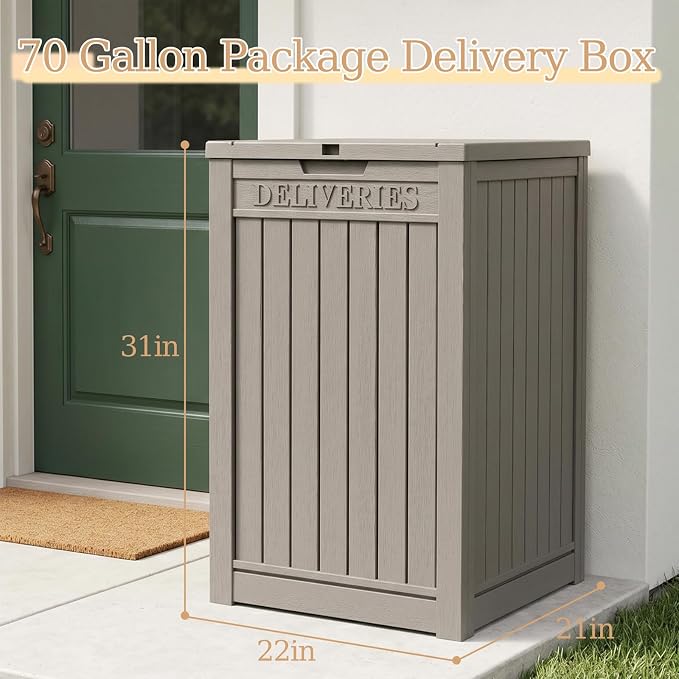 Outdoor Storage Box, 70 Gallon Package Delivery Boxes for Outside, with Lockable Secure, Deck Box Outdoor Waterproof for Entryway, Front Porch, Backyard, Garden, Patio, Lawn, Grey