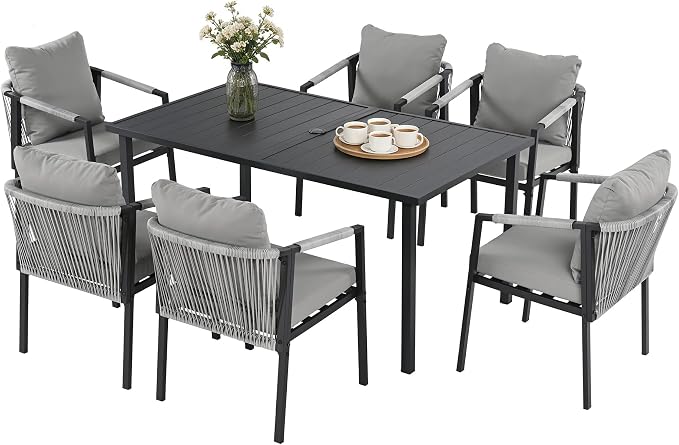 Patio Dining Set for 6, Woven Rope Dining Chairs, Cushions, for Lawn Garden | 7-piece patio dining set for 6, woven rope rattan dining table and chairs set, cushions, all-weather for lawn garden