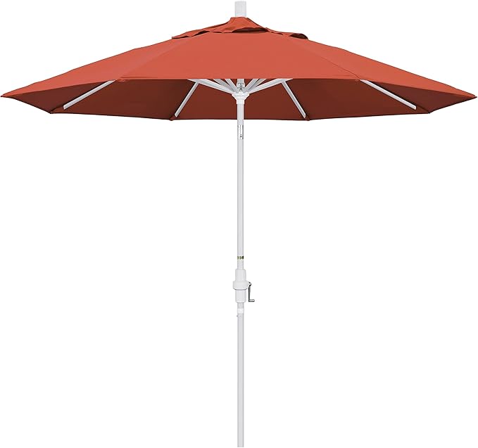 California Umbrella 9' Round Aluminum Market Umbrella, Crank Lift, Collar Tilt, White Pole, Sunset Olefin