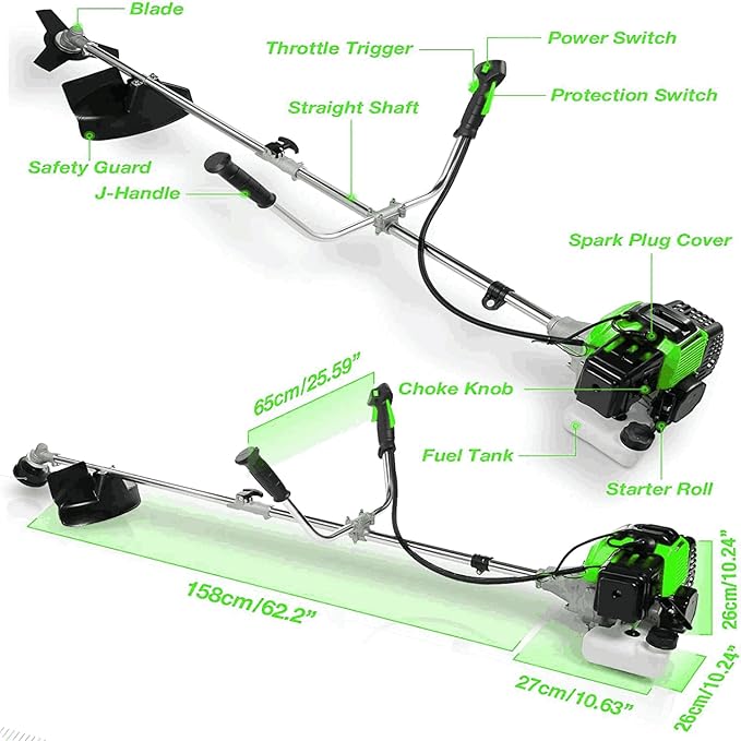 58CC Weed Wacker, Gas Powered 4 in 1 String Trimmer, 2-Cycle Brush Cutter with Straight Shaft for Lawn and Garden Care Trimming (Green)