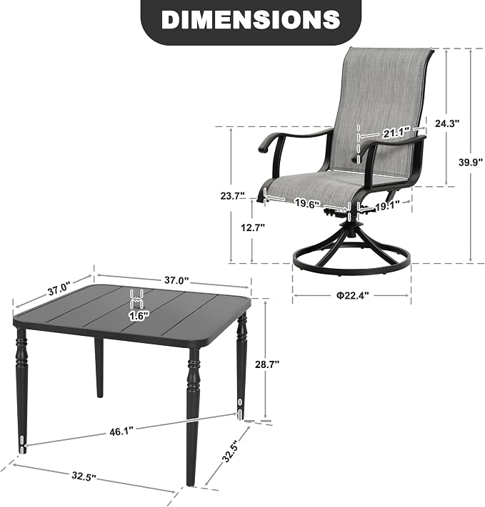 NUU GARDEN 5-Piece Patio Dining Set with Umbrella Hole, Patio Table and Chair Set for 4, All-Weather Textilene Outdoor Furniture with Galvanized Metal Frame, Swivel Design, Black and Light Gray