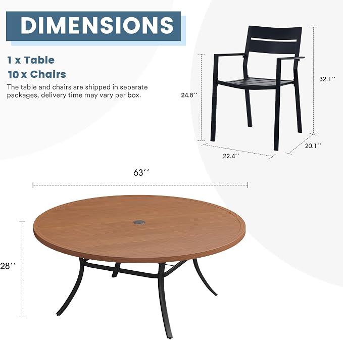 DIFY 11 Piece Outdoor Patio Dining Set for 10, Patio Table and Chairs Set with Umbrella Hole, 63" Round Dining Table and Stackable Metal Chairs for Backyard Garden Poolside, Walnut & Black