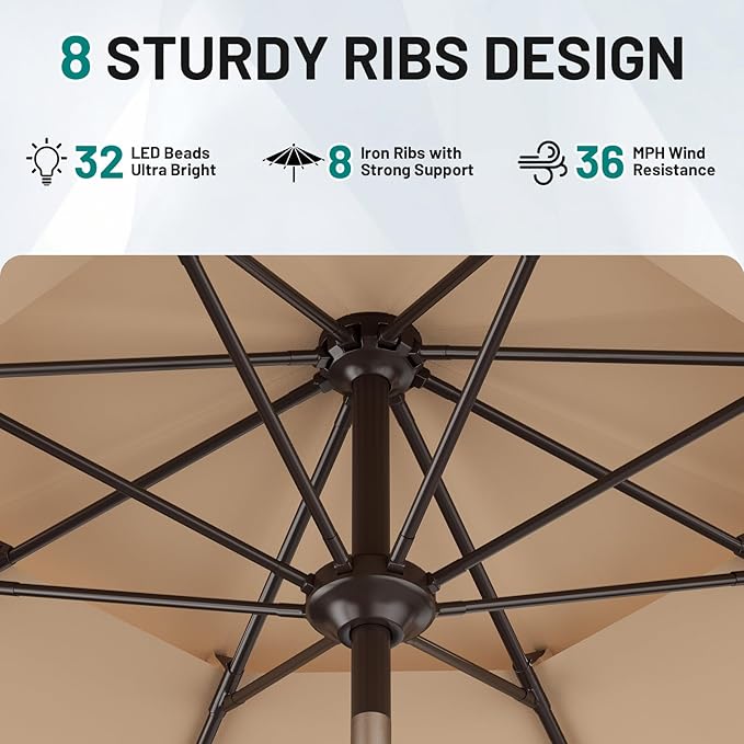 AreShark 9ft 2 Tiers Patio Umbrella with Solar Lights, Outdoor Umbrella w/ 32 LED Lights&8 Sturdy Ribs, Table Umbrella for Deck, Backyard, Pool(Beige)