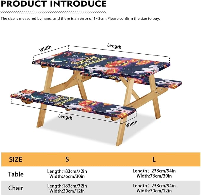 Happy Halloween Picnic Table Cover with Bench Covers Lightweight Camping Essentials, Oil-Proof Waterproof 3PCS Tablecloth with Elastic, Fitted for Backyard Parties & Trick-or-Treat