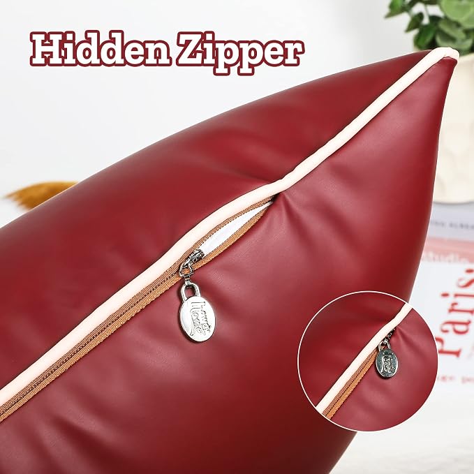 Set of 2 Leather Waterproof Lumbar Pillow Covers 12x20 Inch Fadeproof Outdoor Rectangle Pillowcase Durable Cushion Sham Decorative for Garden Patio Tent Balcony Bench Sofa, Burgundy